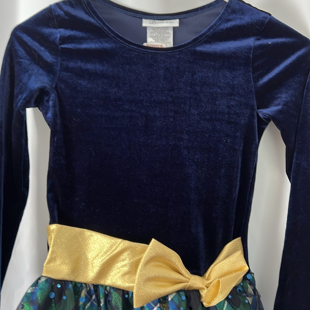 NWT Bonnie Jean sz 8 fancy dress. Navy blue long sleeve gold bow with tulle. - Picture 3 of 9